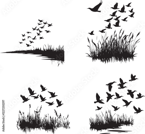 Silhouette of a flock of migrating birds flying over a land vector silhouette