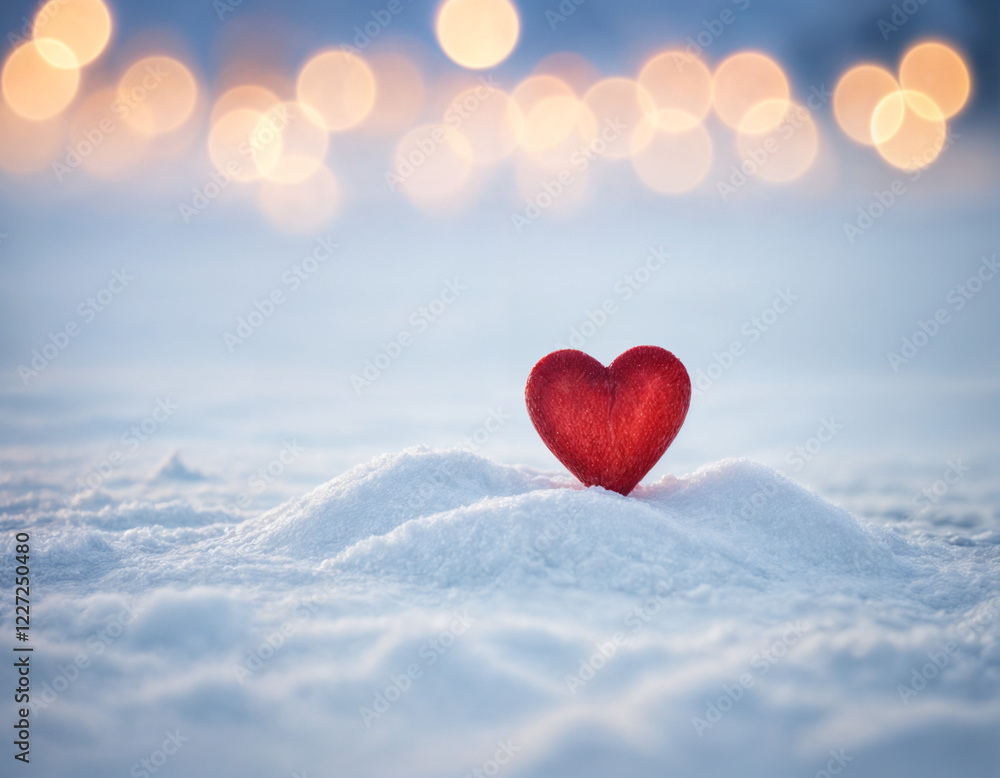 Fototapeta premium February 14 postcard, red heart on the snow among blurry lights, space for text,