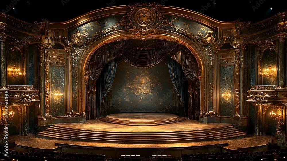 Fototapeta premium Gold-adorned vintage theater stage luxurious red curtains ambiance