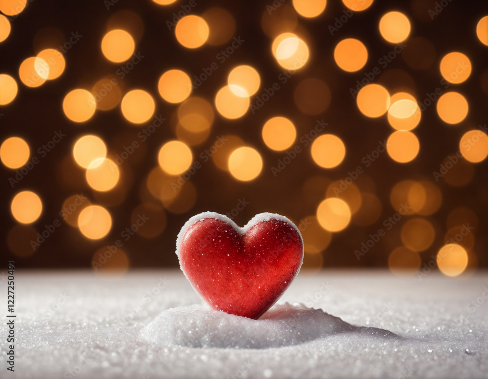 Fototapeta premium February 14 postcard, red heart on the snow among blurry lights, space for text,