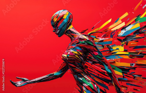 Abstract Freedom: An ethereal figure, fragmented into vibrant bursts of color, breaks free from the constraints of a bold red background. photo