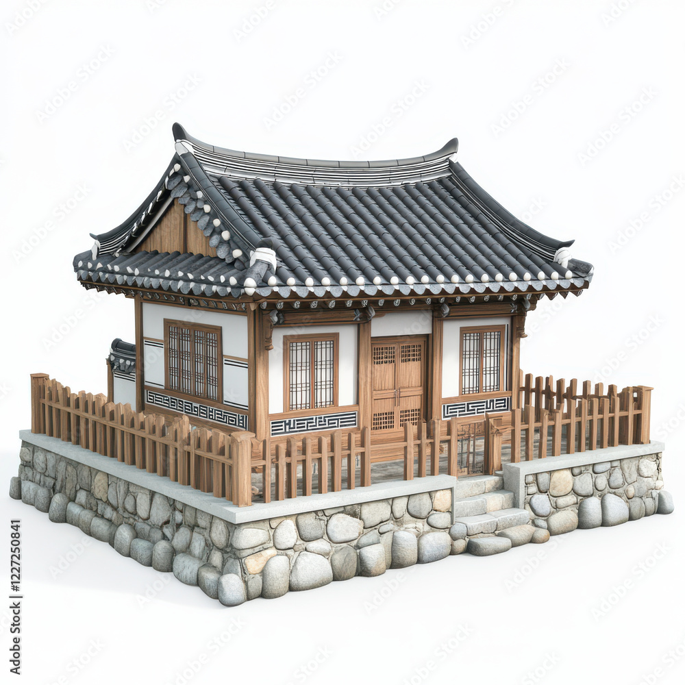 Fototapeta premium Traditional Korean tiled house with wooden fence and stone foundation, showcasing intricate architectural details and serene atmosphere