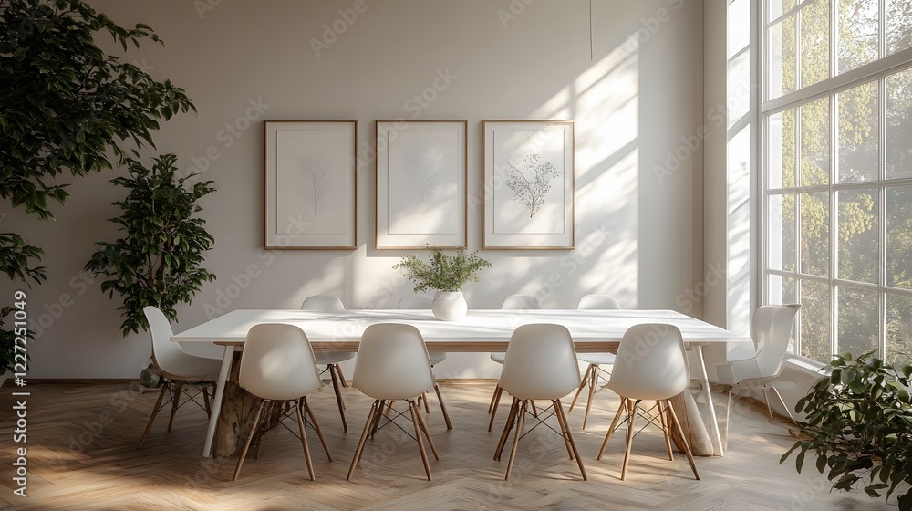 Fototapeta premium Minimalist dining room with a white table, neutral chairs, and a calm, uncluttered vibe