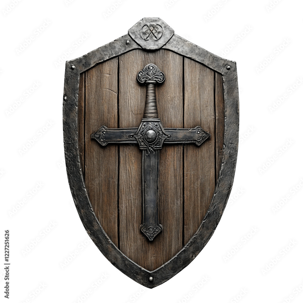 Fototapeta premium Medieval wooden shield with steel reinforcements and crossed swords, featuring a rustic design, isolated on a transparent background. Perfect for historical and fantasy themes.