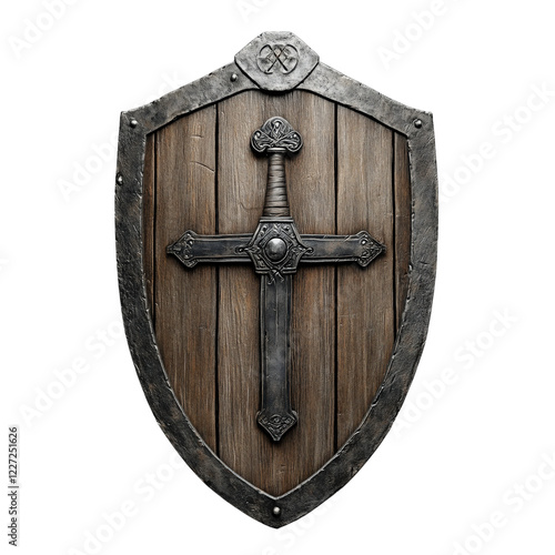 Medieval wooden shield with steel reinforcements and crossed swords, featuring a rustic design, isolated on a transparent background. Perfect for historical and fantasy themes. photo