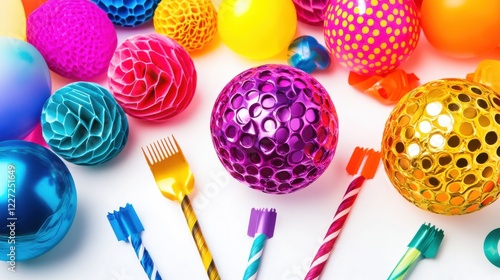 Colorful party decorations including vibrant balls and playful utensils on a bright background photo