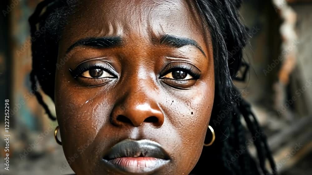 A close up of a somber woman with braided hair in a derelict setting A close up of a somber woman with braided hair in a derelict setting
