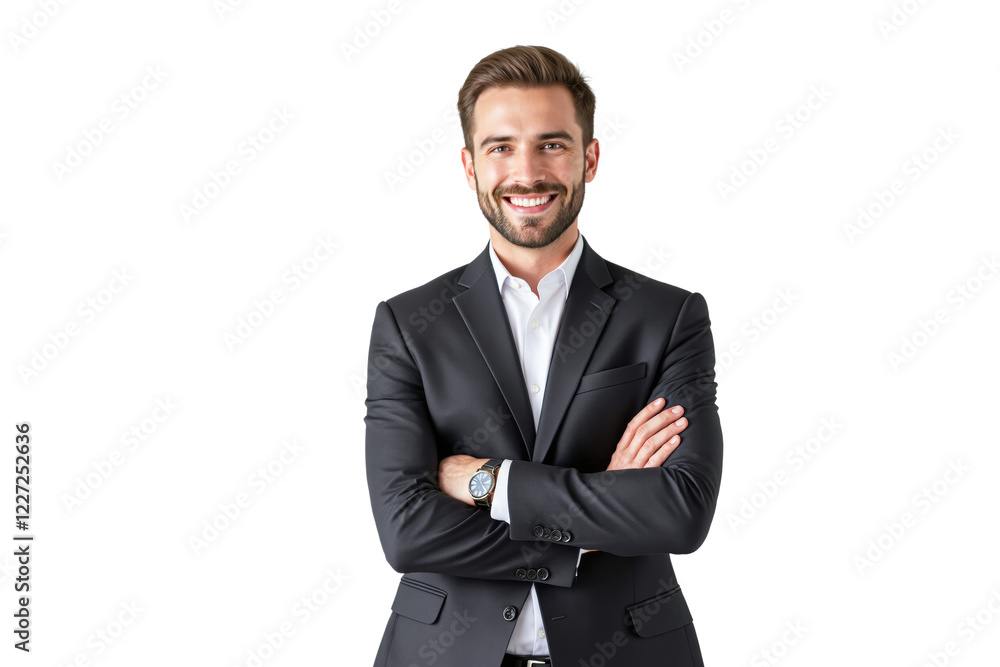 Man in asuit smiling confidently, arms crossed. Isolated on a white background. Concept of professionalism, business, and success. Ai generative
