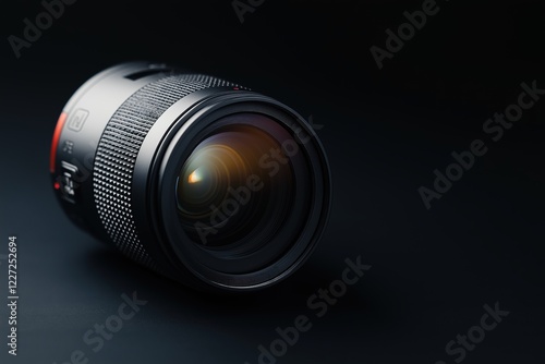 Professional Camera Lens Close-Up with Reflections on Black Background photo