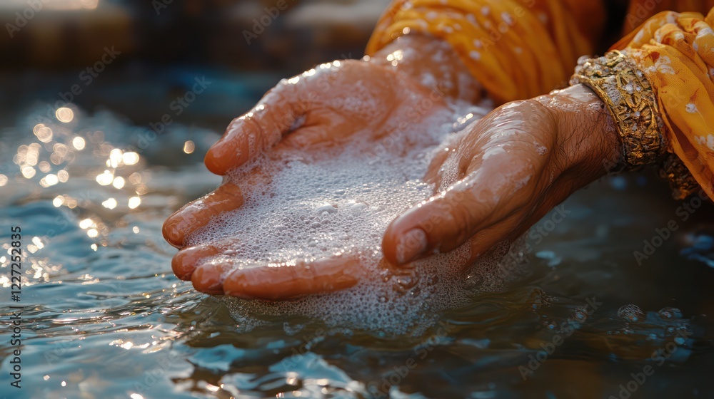 Fototapeta premium Golden Hour Cleansing: Hands cupping water with bubbles, a moment of serene purity.