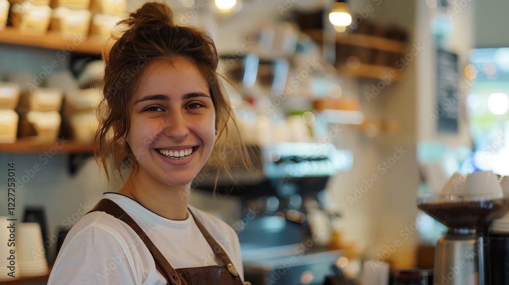 Cheerful young woman barista standing in a coffee shop, wearing a white t-shirt and brown apron, looking at the camera and smiling Cheerful young woman barista standing in a coffee shop, wearing a white t-shirt and brown apron, looking at the camera and smiling
