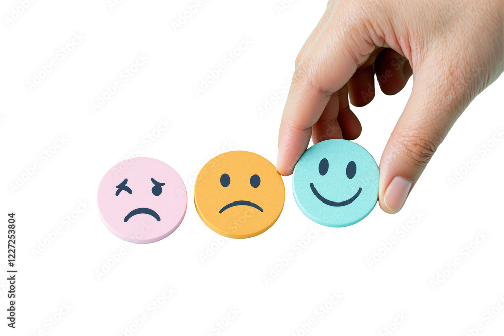 Three colored emoticons showing sad, neutral, and happy faces, isolated on a white background. A hand is picking the happy face. Concept of choices. Ai generative