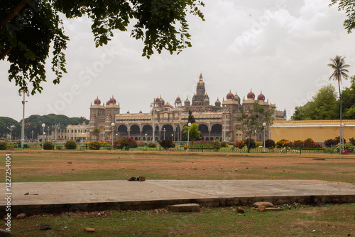 Mysore, Karnataka, India - APRIL 19, 2019: Mysuru palace Beautiful decoated interior ceiling and pillars of the Ambavilasa Hall, inside the royal Mysore Palace. and dasara elephants, Temples photo