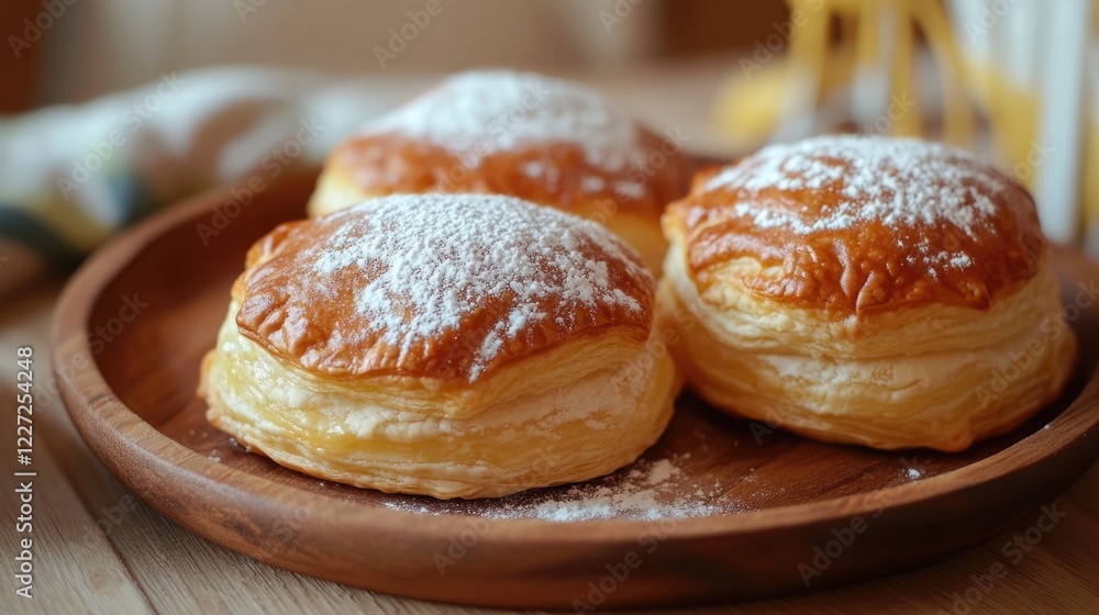 Three donuts with powdered sugar on top. The donuts are on a wooden plate Three donuts with powdered sugar on top. The donuts are on a wooden plate