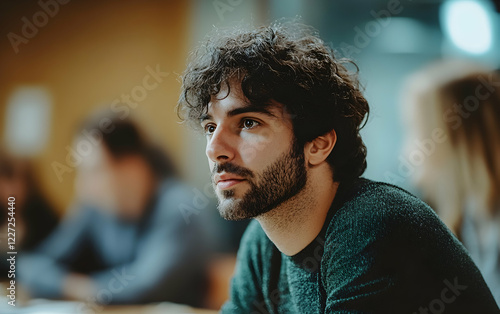 Focused man demonstrating active listening during a workshop, displaying thoughtful engagement photo