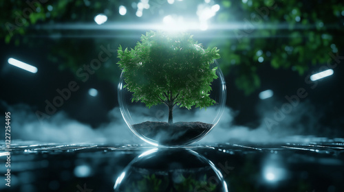 A lush tree flourishing within a glass sphere, surrounded by misty light beams, representing the growth potential and protection of startups receiving supportive investments.