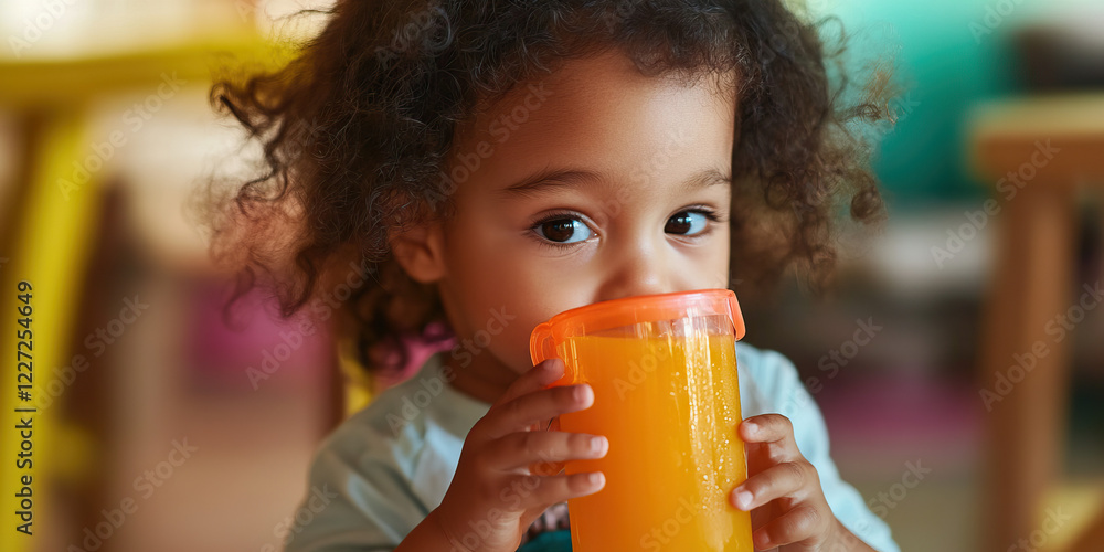 Toddler Consuming Orange Juice from Plastic Cup Toddler Consuming Orange Juice from Plastic Cup
