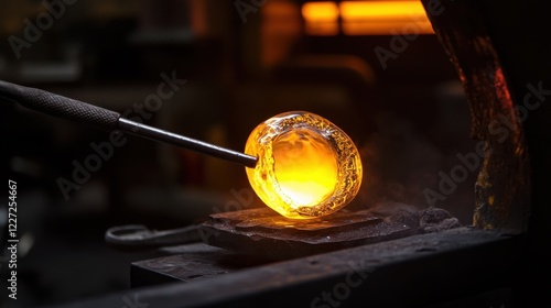 Scene of a glassblowing setup. Featuring molten glass, tools, and finished pieces. Highlighting the craft of glassblowing. Ideal for art and craft blogs. photo