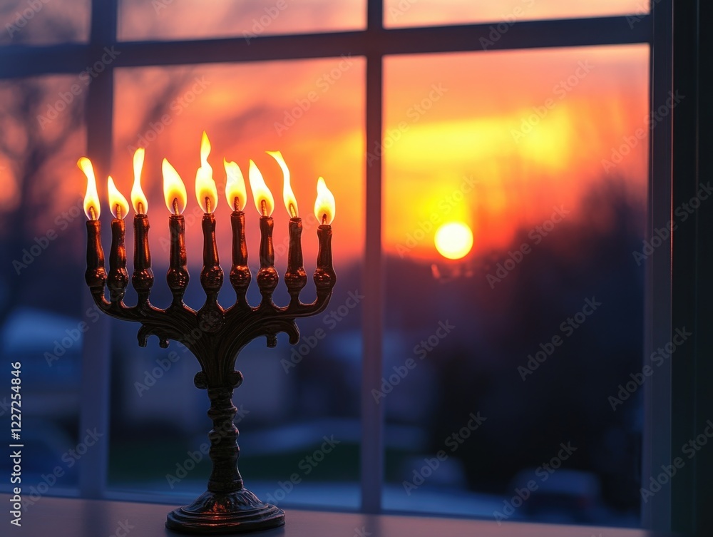 Fototapeta premium A lit menorah sits on a table in front of a window. The sun is setting, casting a warm glow on the scene