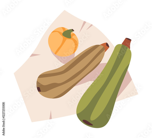 Freshly harvested zucchini and pumpkins. Organic gardening and sustainability. Flat vector illustration.