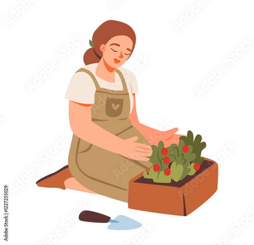 Female gardener working in a vegetable garden. Flat vector illustration of a woman gardening in a outdoor setting.