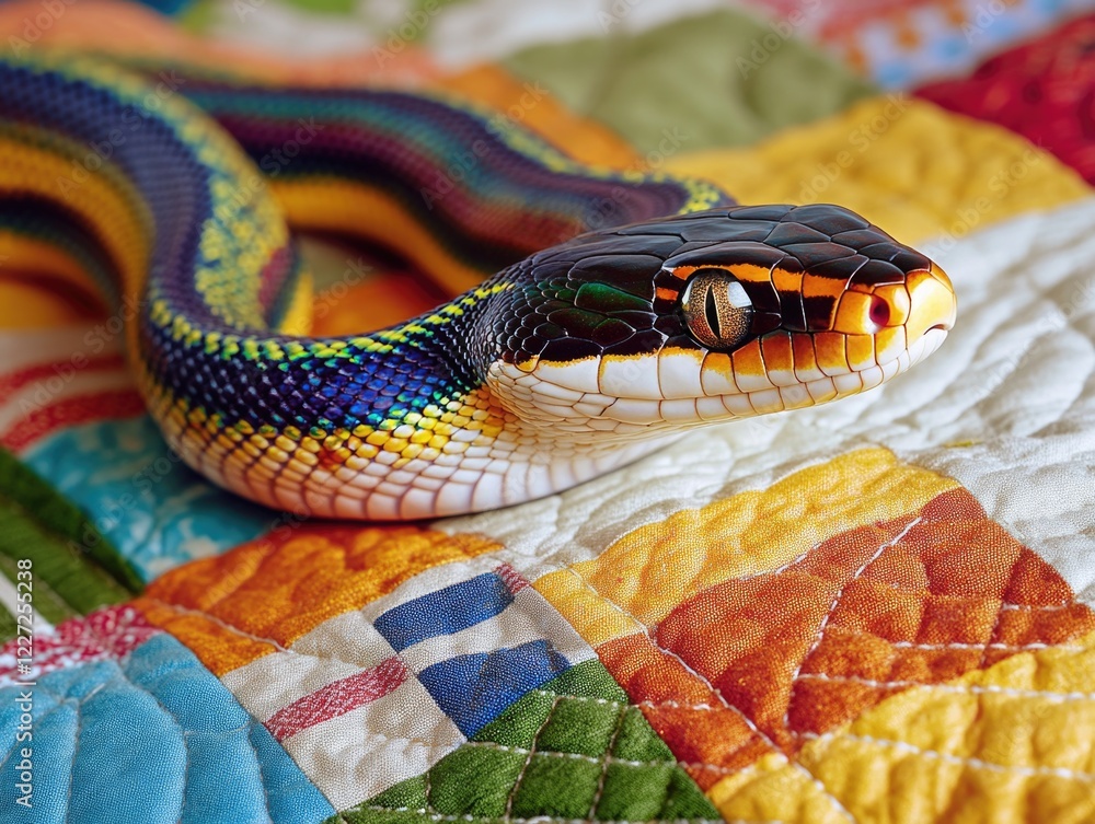 Fototapeta premium A colorful snake is laying on a bed with a patchwork quilt. The snake is green, yellow, and black, and it is resting. The bed is covered in a variety of colors, including blue, red, and white