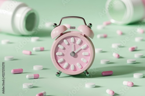 Pink alarm clock surrounded by pills, emphasizing timely medication. photo