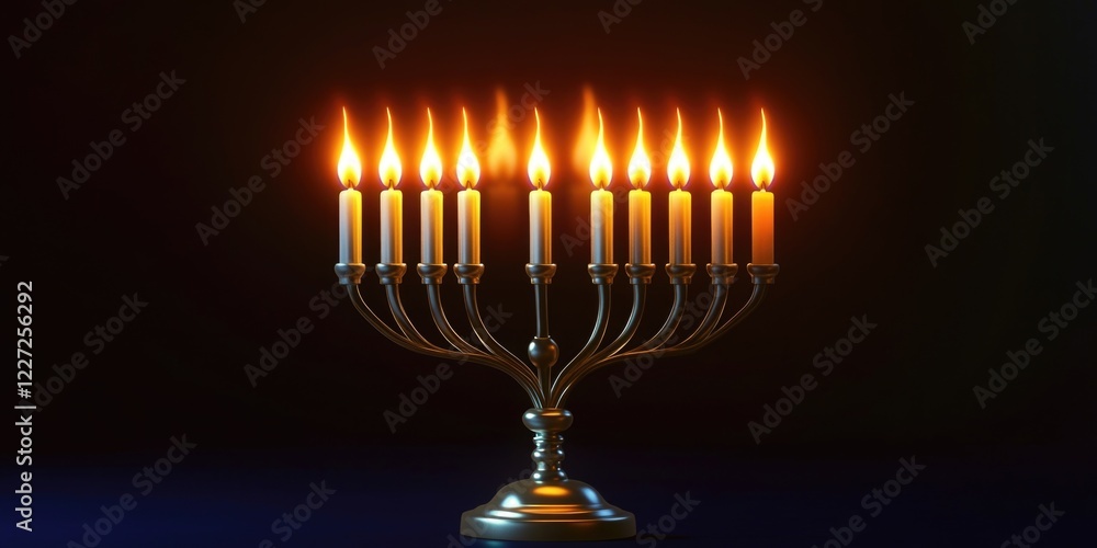 A lit menorah with candles on it. The candles are lit and the menorah is on a dark background A lit menorah with candles on it. The candles are lit and the menorah is on a dark background