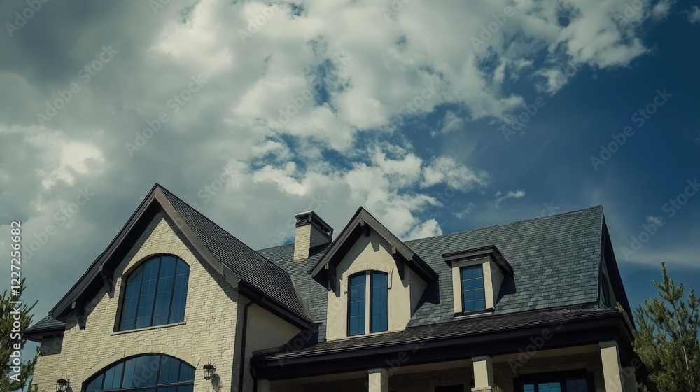 House exterior with view of the dark pitched roof against a cloudy blue sky House exterior with view of the dark pitched roof against a cloudy blue sky