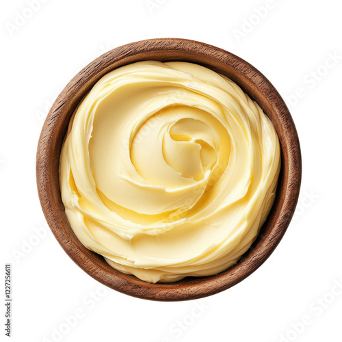 Delicious butter cream swirl in wooden bowl transparent background food kitchen top view culinary art photo