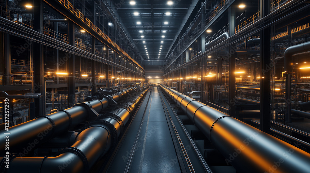 Obraz premium A factory interior bathed in warm, industrial lighting, showcasing massive pipes running through multiple levels of the building, with automated processes in full operation.