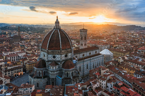 Aerial view of Santa Maria del Fiore cathedral at sunset, Florence, Italy photo