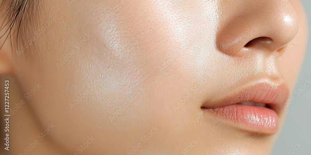 Close-up of Woman's Face with Cheekbone Highlight and Lip Gloss Close-up of Woman's Face with Cheekbone Highlight and Lip Gloss