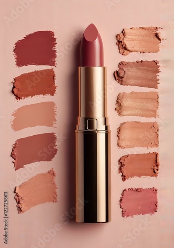Creative concept image of cosmetics makeup beauty products lipstick eyeshadows foundation makeup on pink background.
