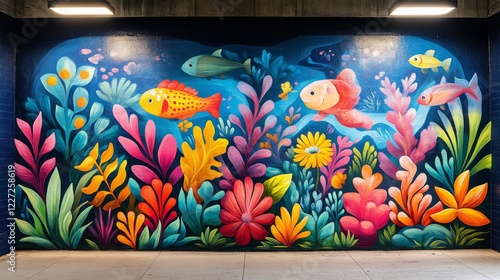 Vibrant Underwater Mural with Colorful Fish and Coral Plants illuminating a concrete wall creating an immersive marine artistic display photo