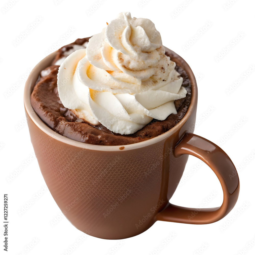 Delicious hot chocolate topped with whipped cream in a brown mug on a white background Delicious hot chocolate topped with whipped cream in a brown mug on a white background