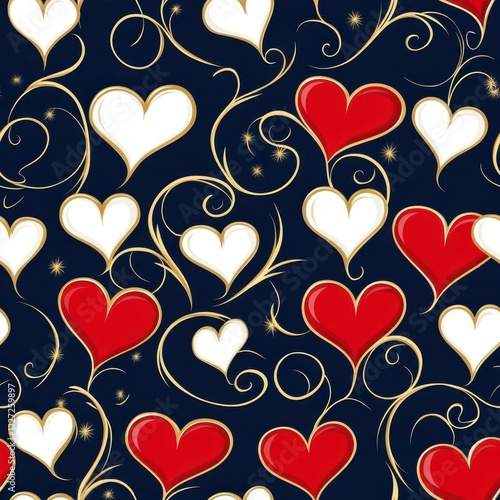 Wallpaper Mural Red and white hearts with golden swirls seamless pattern, repeating pattern, navy blue background, valentine pattern Torontodigital.ca