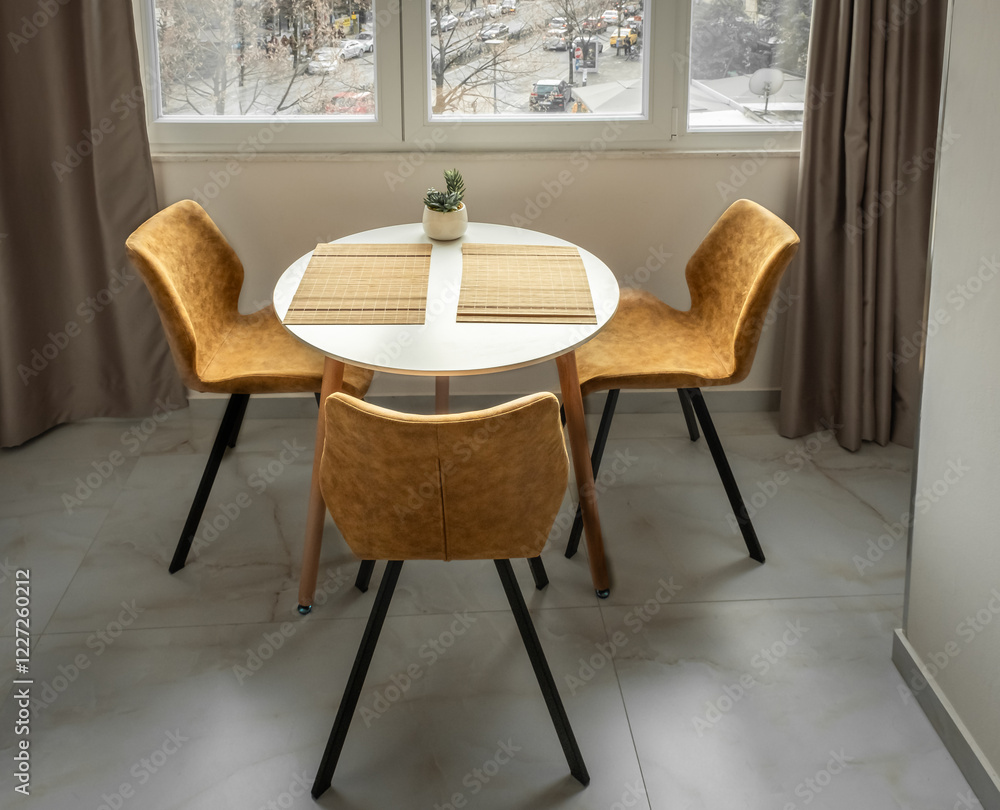 Fototapeta premium Dining table and three yellow chairs, modern home interior, round dining table set