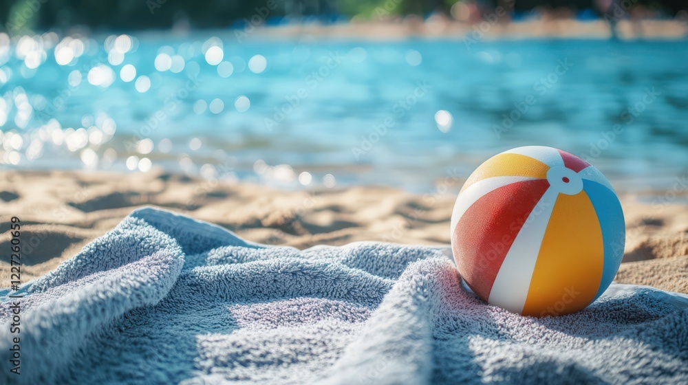Obraz premium A beach towel is laying on the sand next to a beach ball