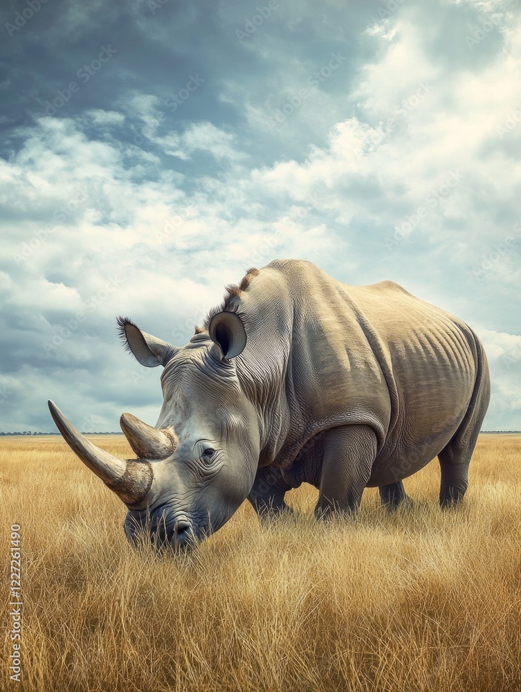 Fototapeta premium A rhino is standing in a field of tall grass. The sky is cloudy and the sun is shining through the clouds