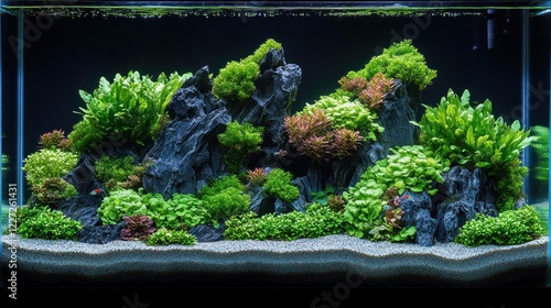 Lush aquatic plantscape in a rectangular aquarium. photo