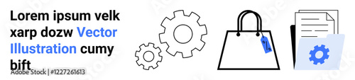 Shopping bag with label alongside gears and folder with files. Ideal for e-commerce, technology, business, shopping, organization, planning, settings. Perfect for flat landing page banner