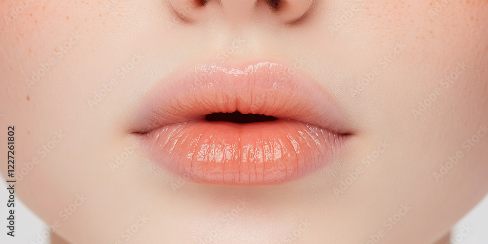 Obraz premium Close-up of Lips with Peach-Toned Lip Gloss and Freckles