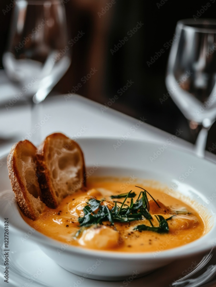 Soup and Bread on White Plate Soup and Bread on White Plate