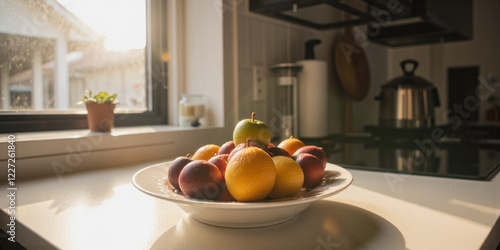 Colorful fruit bowl setup home kitchen food photography bright environment close-up view freshness concept