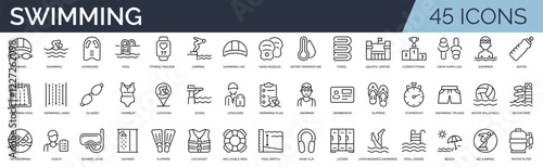 Set of 45 outline icons related to swimming.  Linear icon collection. Editable stroke. Vector illustration	