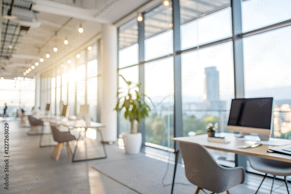 Beautiful blurred background of a light modern office interior with panoramic windows and beautiful lighting. Beautiful blurred background of a light modern office interior with panoramic windows and beautiful lighting.