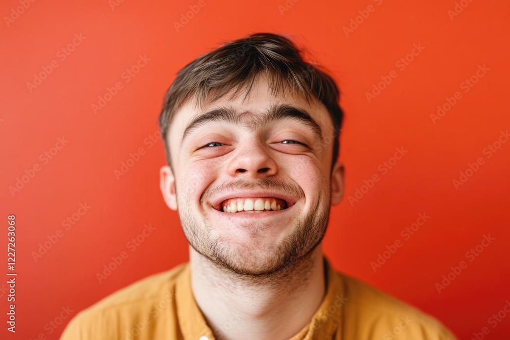 Fototapeta premium A man with a beard and a smile is smiling at the camera. He is wearing a yellow shirt