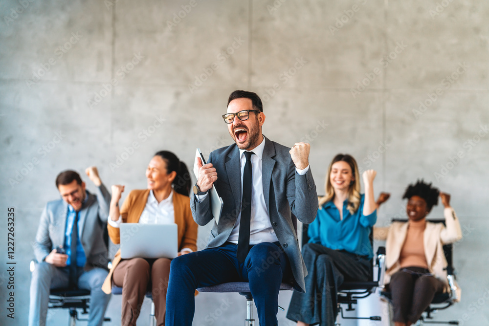Excited overjoyed diverse business people, team celebrate corporate victory together in office Excited overjoyed diverse business people, team celebrate corporate victory together in office