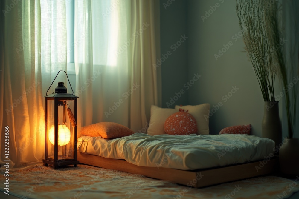 Fototapeta premium A small bedroom with a bed, a lamp, and a vase. The lamp is lit, creating a warm and cozy atmosphere